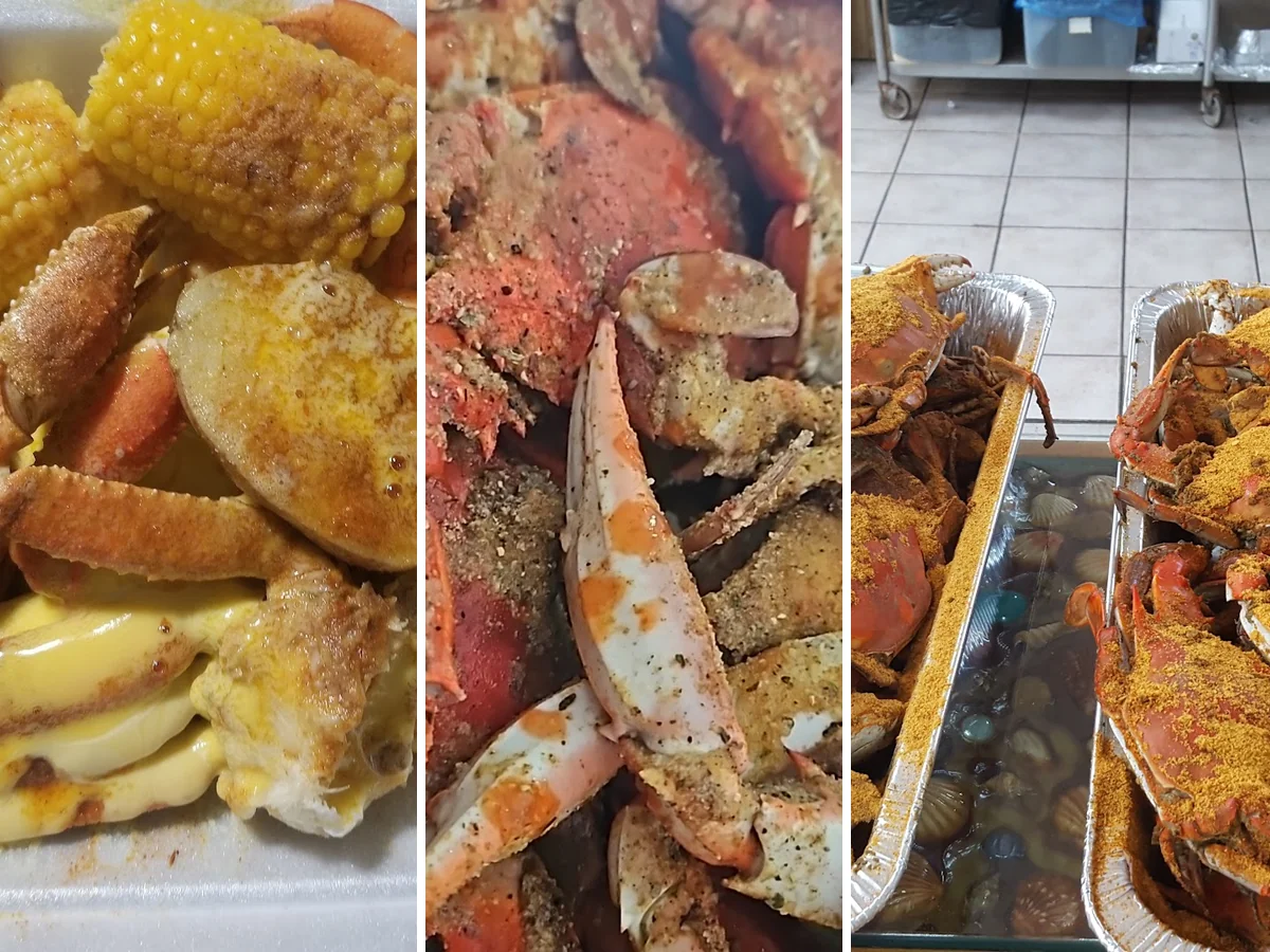 A seafood counter with prepared platters.