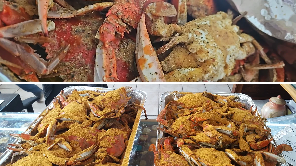 Takeout containers filled with crab and shrimp.