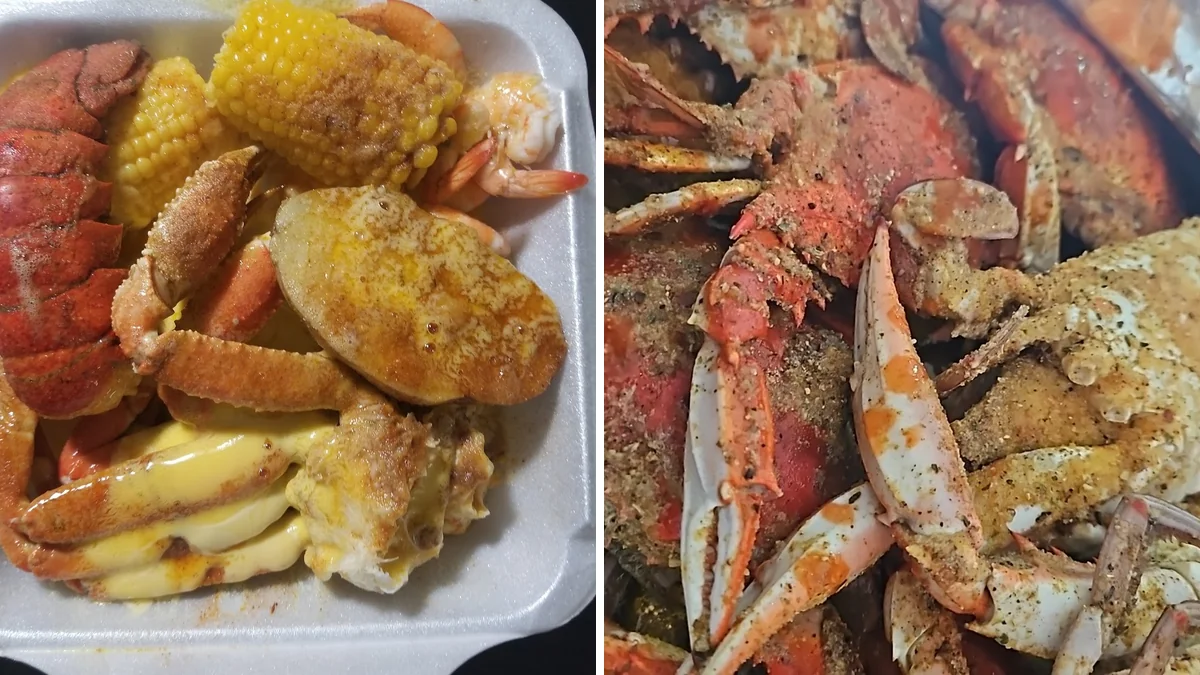 Seafood platters on a restaurant table.