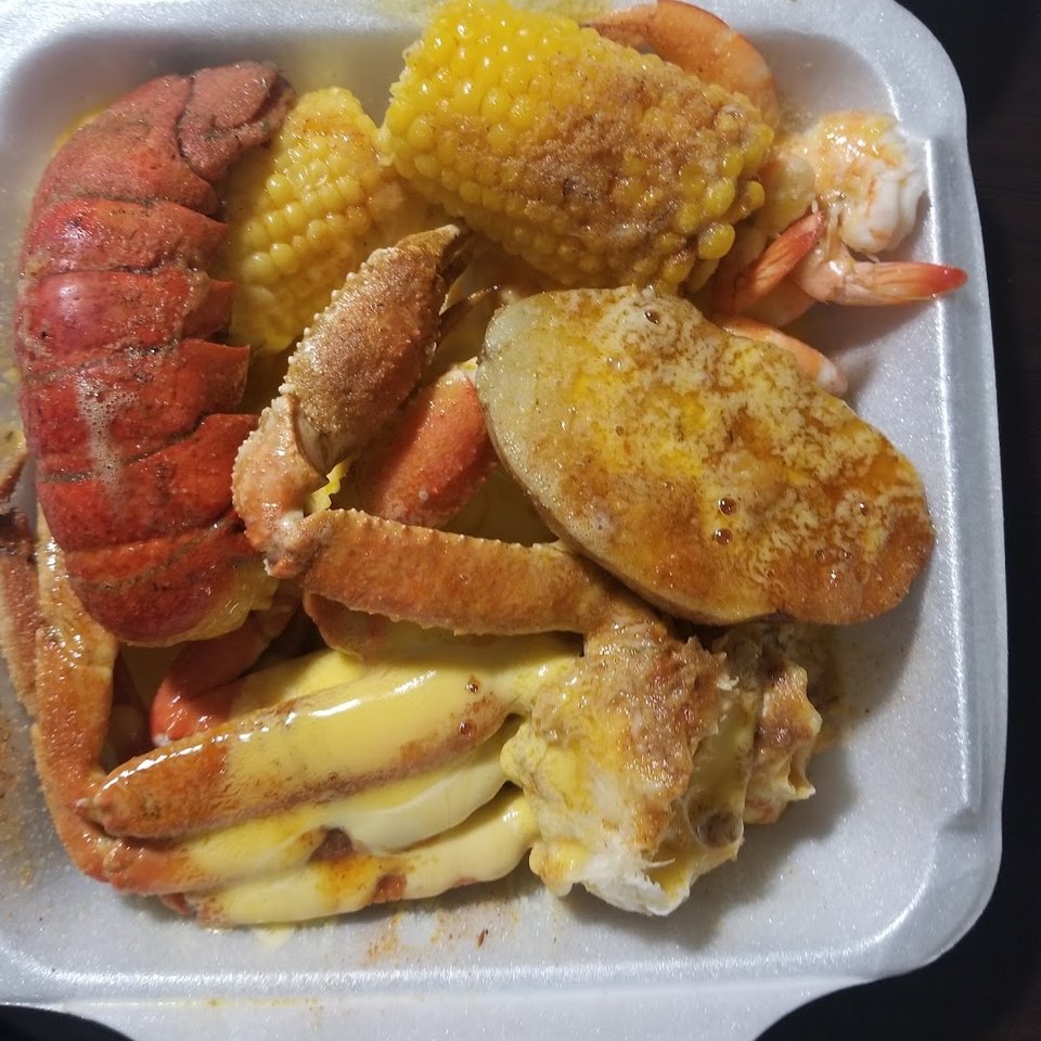 Seafood platters on a restaurant table.